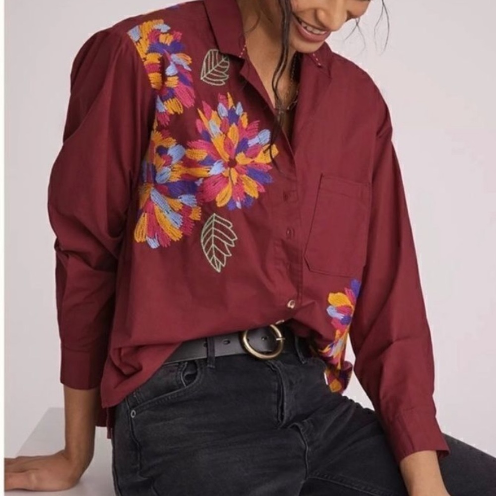 Anthropologie Maeve Embroidered Burgundy Button Down Top 6 VGUC